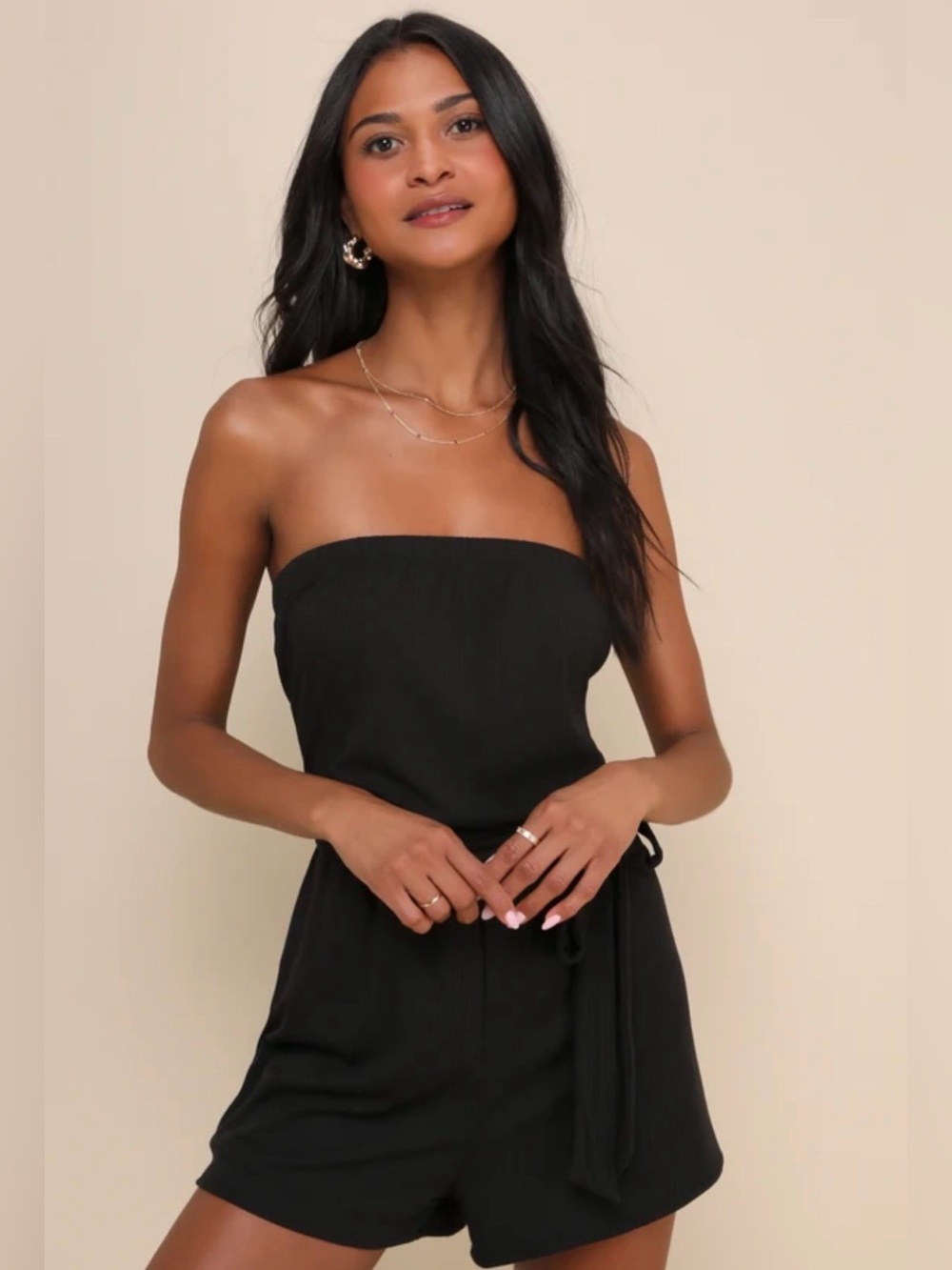 Lulus Leisurely Moments Black Ribbed Knit Strapless Lounge Romper Medium NWT